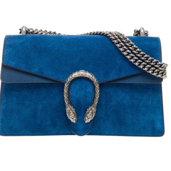 Authentic Gucci Blue Suede Shoulder Bag with Silver Accents large Dionysus